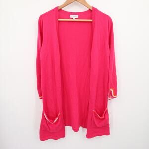 Susan Graver Cardigan Sweater Pink Open Front Pockets Crochet Long Sleeve XXS